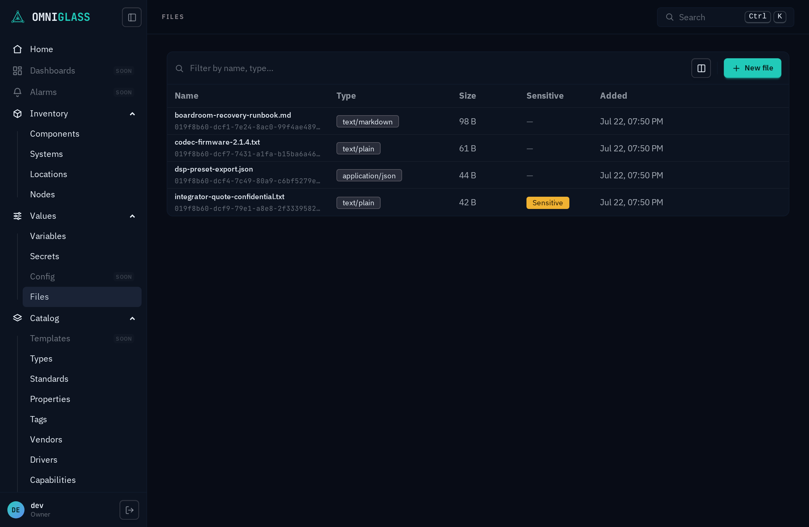 The Files directory: a flat list of uploaded files with type, size, and a sensitive badge, plus a New file action.