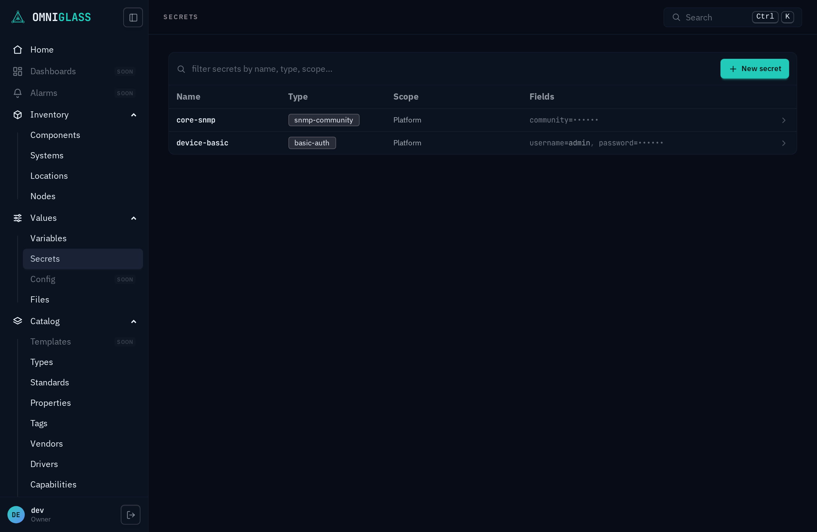 The Secrets directory: type badges, scope, and masked field previews, never a plaintext value.