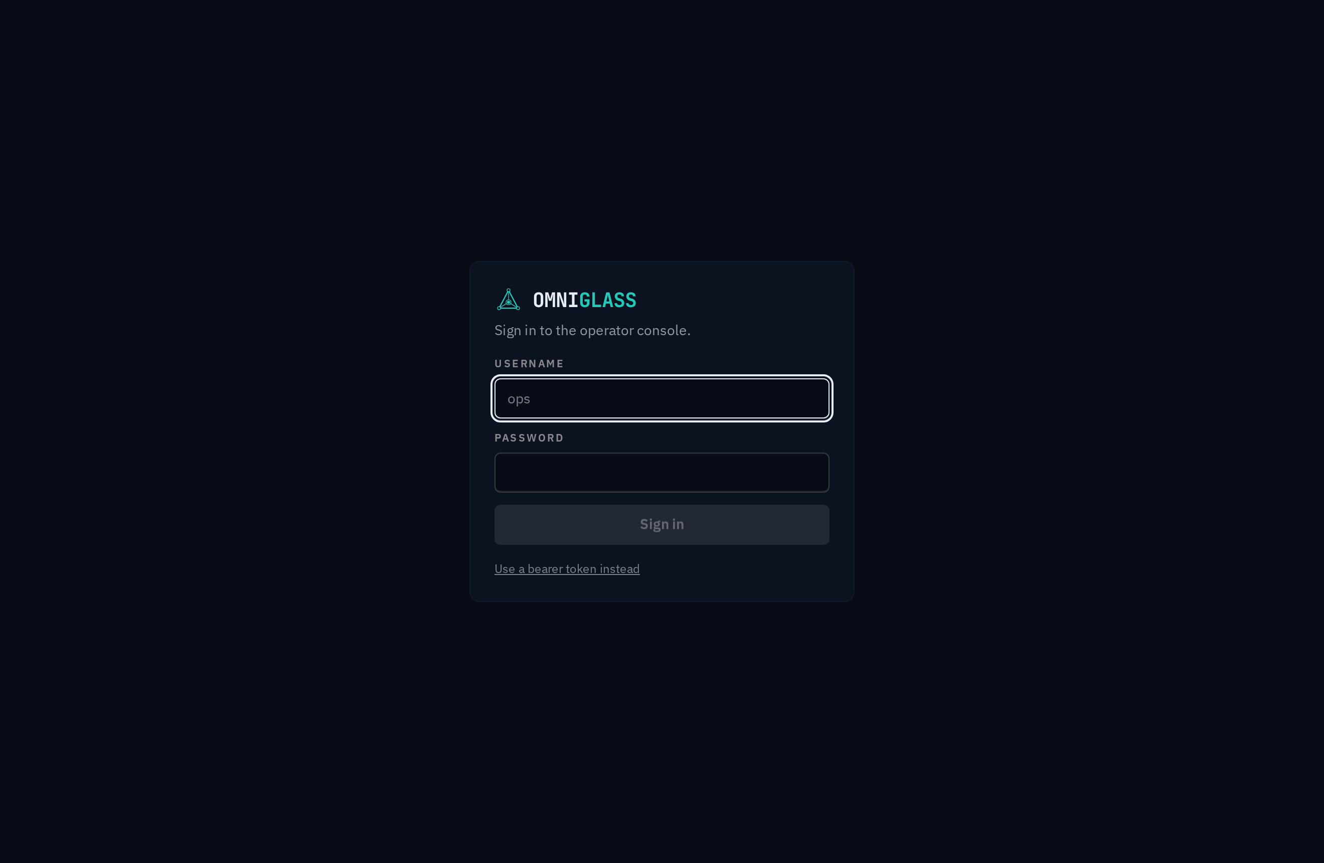 The console sign-in screen: a username and password, with a bearer-token option below.