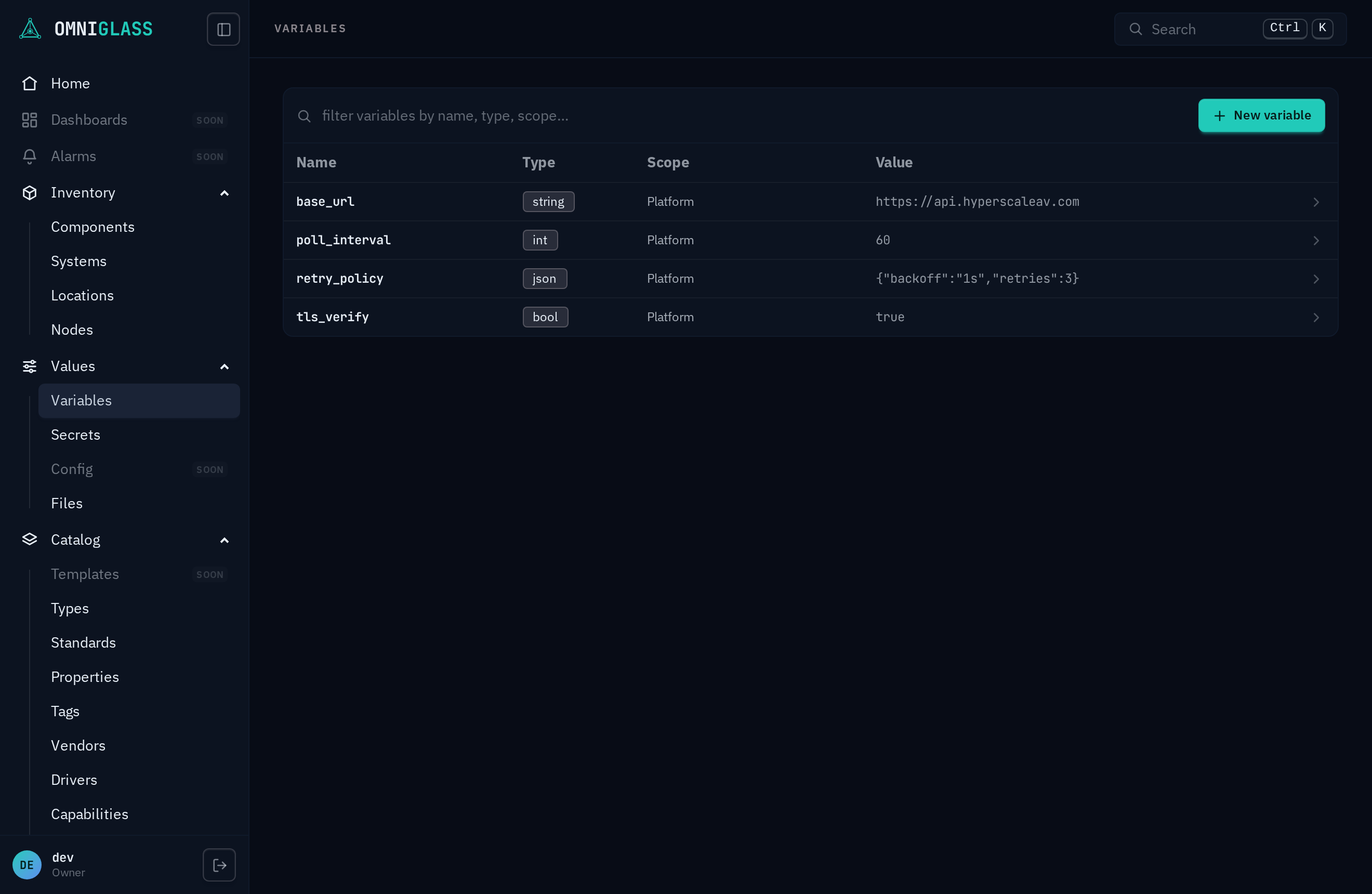 The Variables directory: type badges and the value shown in the clear, the plaintext sibling of Secrets.